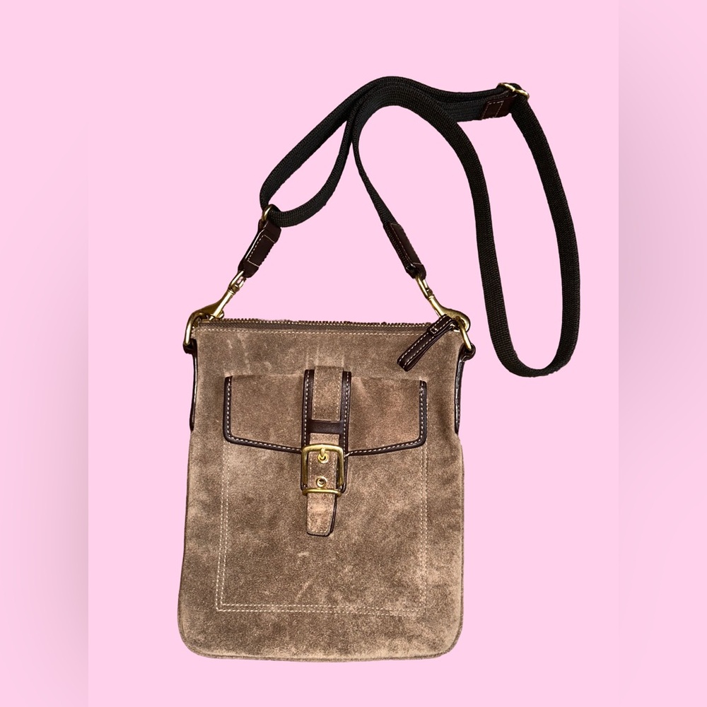 Vintage Coach Brown Suede Crossbody Bag with Adjustable Strap & Gold Accents